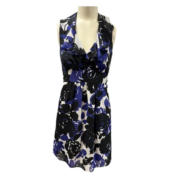 TRULLI Dresses & Skirts - Blue Floral Print Sheer Ruffled V-Neck Belted Dress By Trulli Size 4P